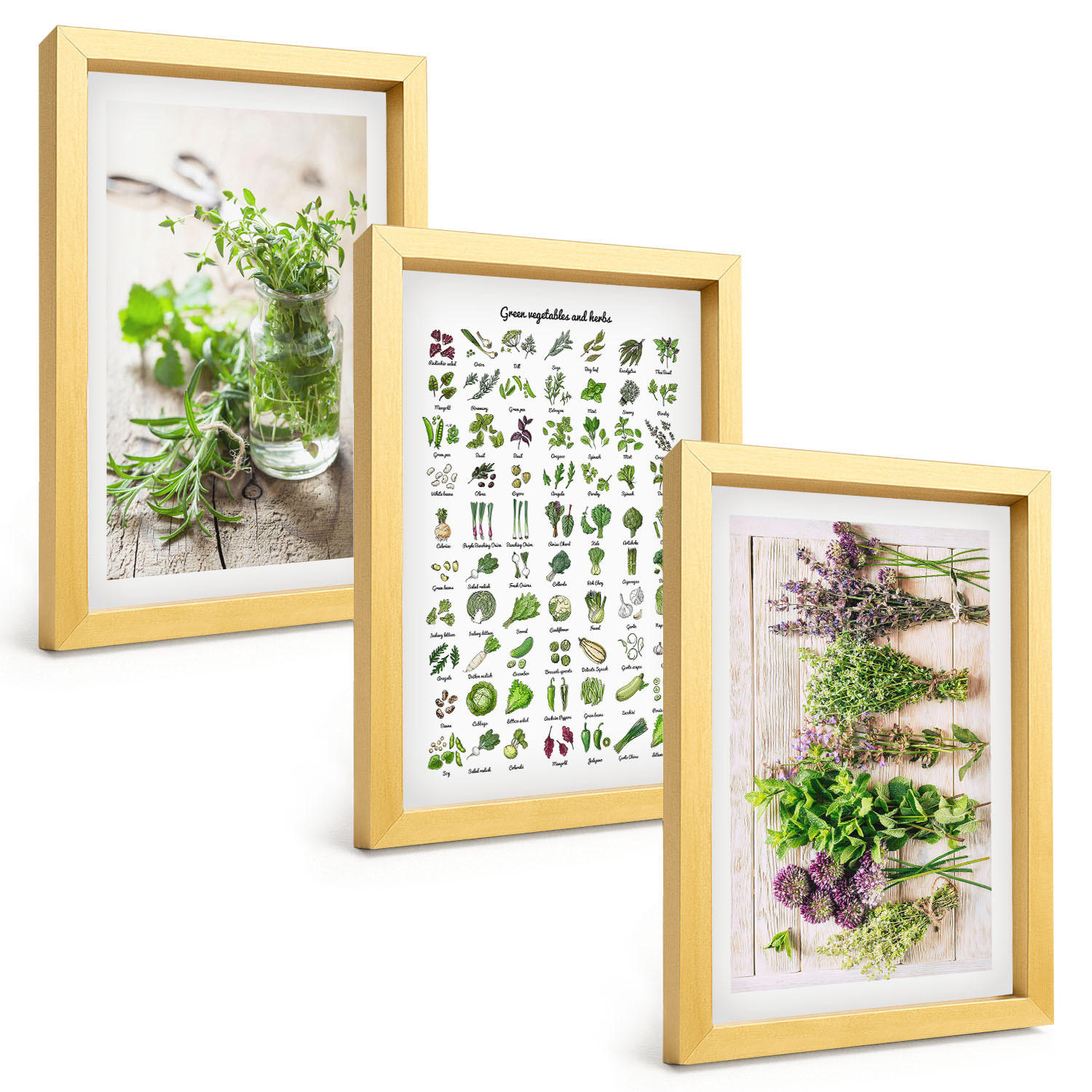 BILDER SET 3er Set - 20x30 cm Goldrahmen - Getrocknete Kräuter für die Küche - Goldfarben, Kunststoff (20/30cm) - TULUP