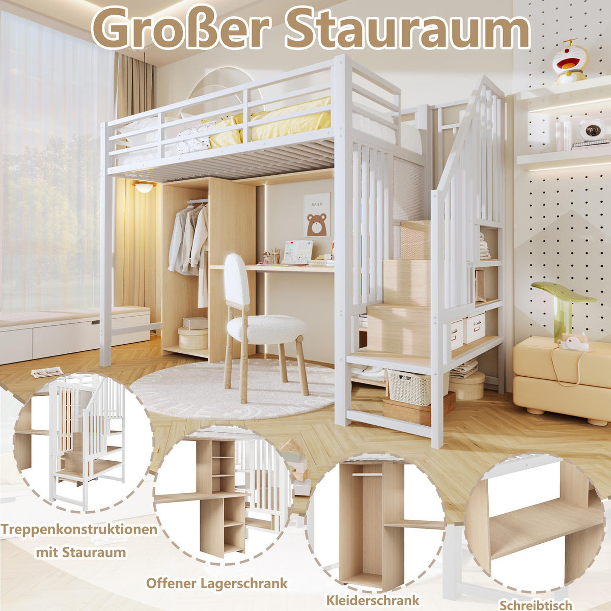 HOCHBETT 90/200 cm aus Metall/MDF mit Kleiderschrank und Schreibtisch Weiß - Weiß, Metall (90/200cm) - Modenvie