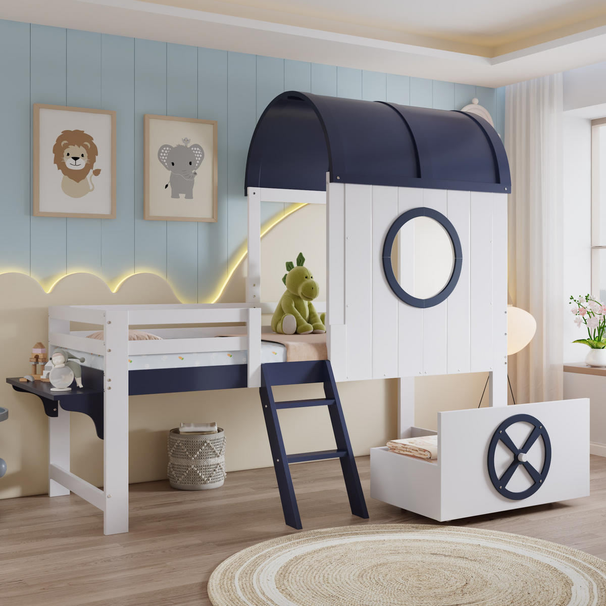 HAUSBETT 90/200 cm mit Dach, Schublade und Fenster in Weiß/Dunkelblau - Weiß, Holzwerkstoff (90/200cm) - BEAOK
