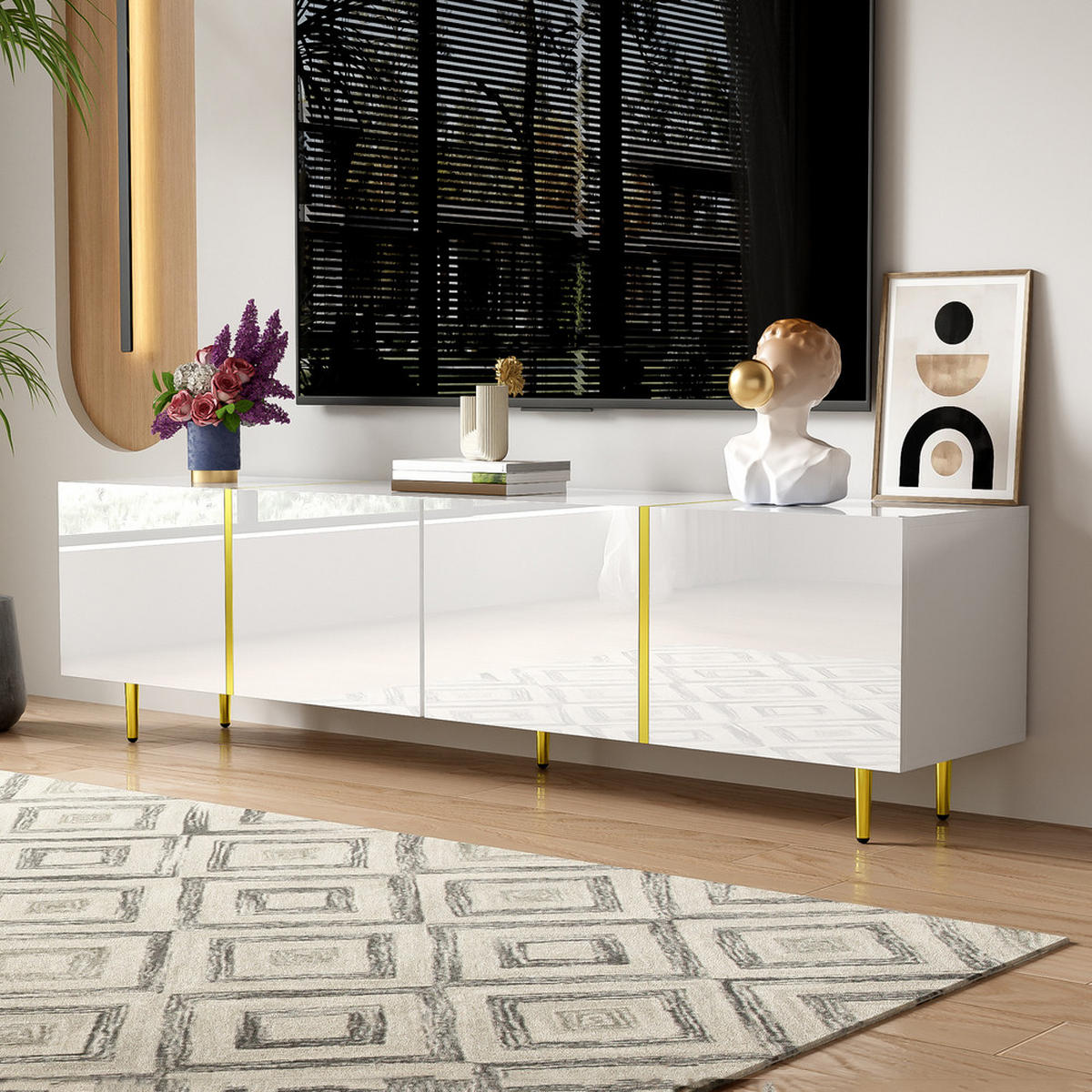 TV-SCHRANK Hochglanz 4 Türen Modern Weiß MDF bis 49 Zoll - Weiß, Holz (43.18/21.84/96.52cm) - FLIEKS