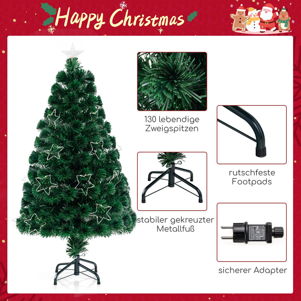 WEIHNACHTSBAUM Glasfaser Tannenform mit LEDs 120 cm grün - Grün, Metall (120cm) - COSTWAY