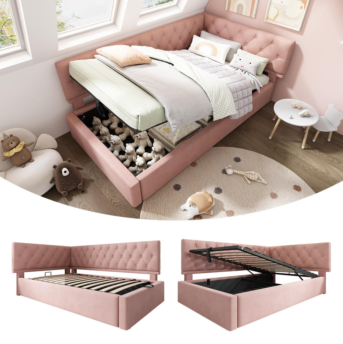 POLSTERBETT aus Samt 90x200 cm in Rosa mit hydraulischem Stauraum - Rosa, Textil (90/200cm) - Modfu