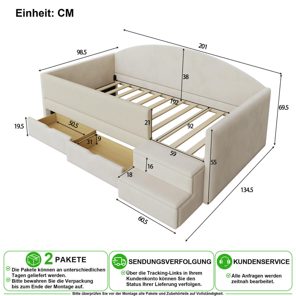 POLSTERBETT 90/190 cm in Beige mit 2 Schubladen und Stufen Samt - Beige, Holzwerkstoff/Textil (90/190cm) - CHICFURN