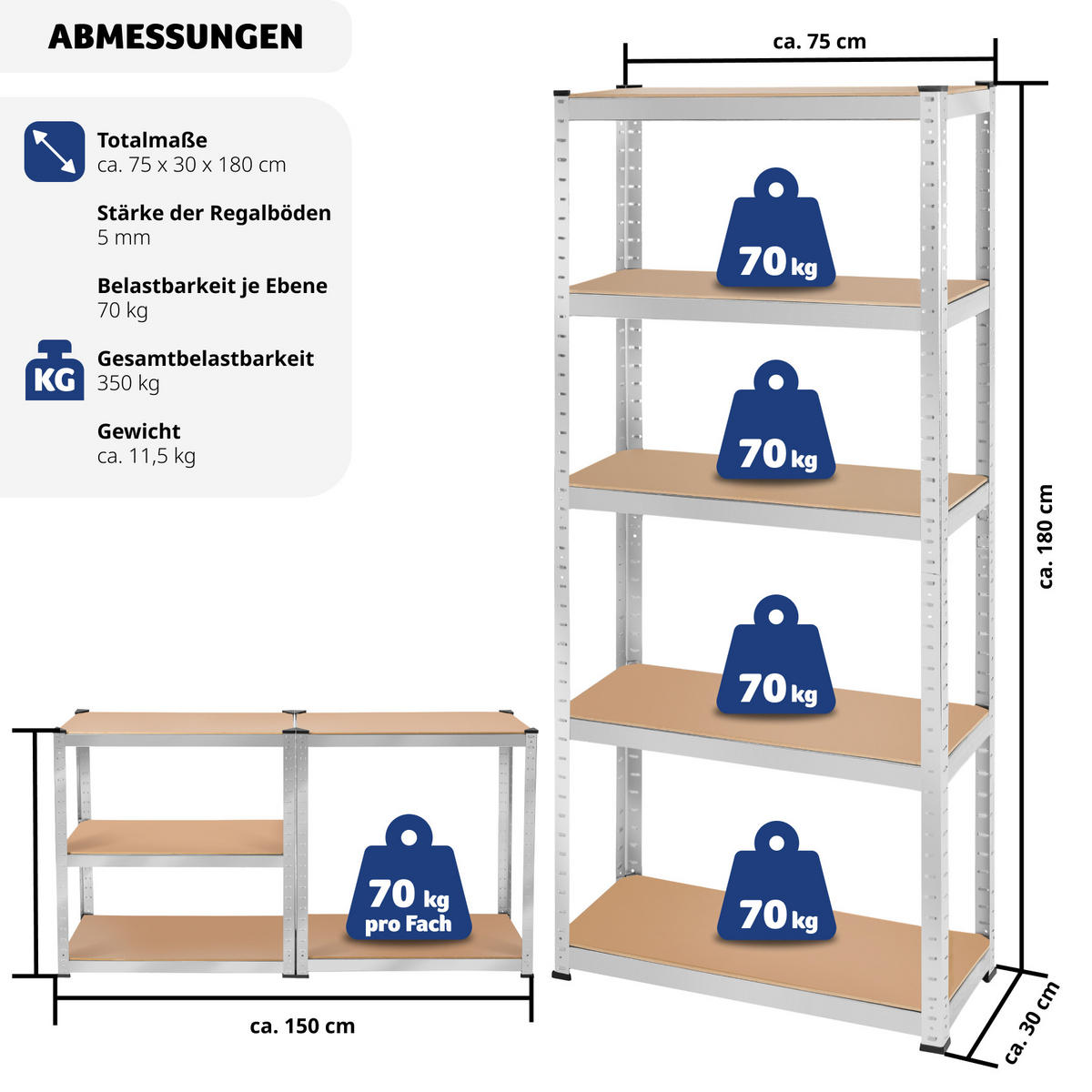 SCHWERLASTREGAL ,schnelle Montage,silber - Silberfarben, Metall (75/180/30cm) - tectake