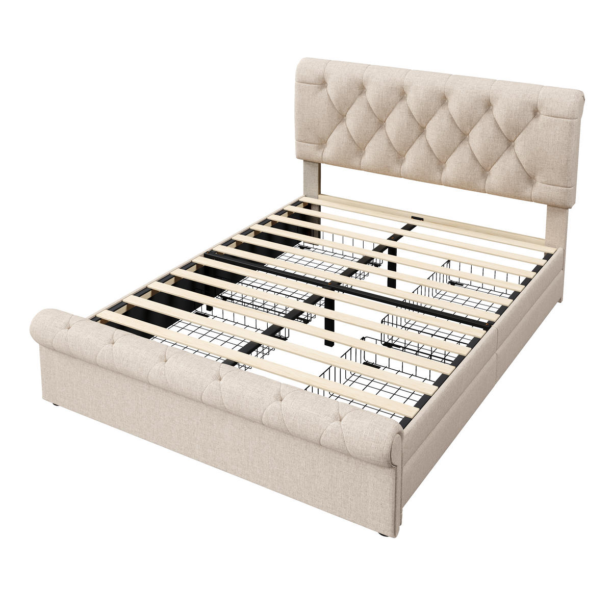 POLSTERBETT 140/200 cm Natur mit 4 Schubladen und höhenverstellbarem Kopfteil - Naturfarben, Metall (140/200cm) - OKWISH