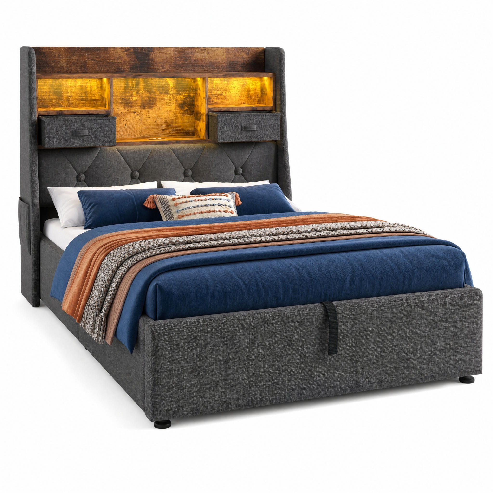POLSTERBETT 90/200 cm in Grau mit Bettkasten, LED und USB Leinen Retro-design - Grau, Holzwerkstoff/Textil (90/200cm) - STILVORA
