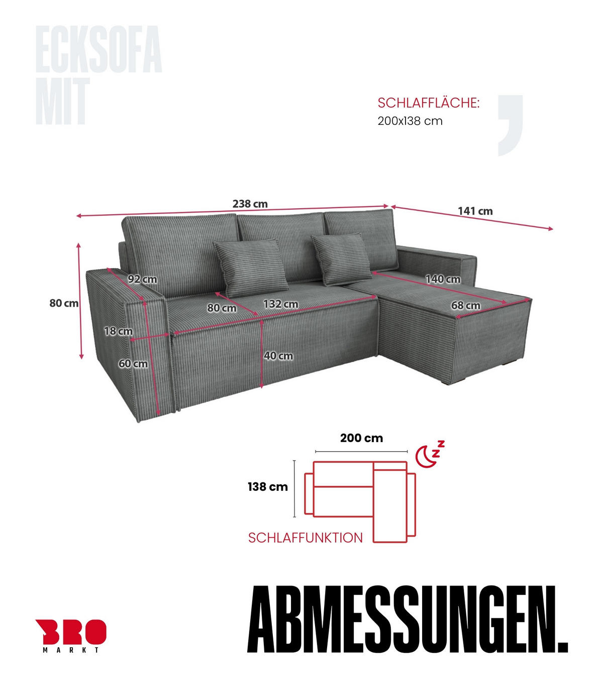ECKSOFA Dexter mit Schlaffunktion Grau Cord - Grau, Textil (238/141cm) - Bromarkt