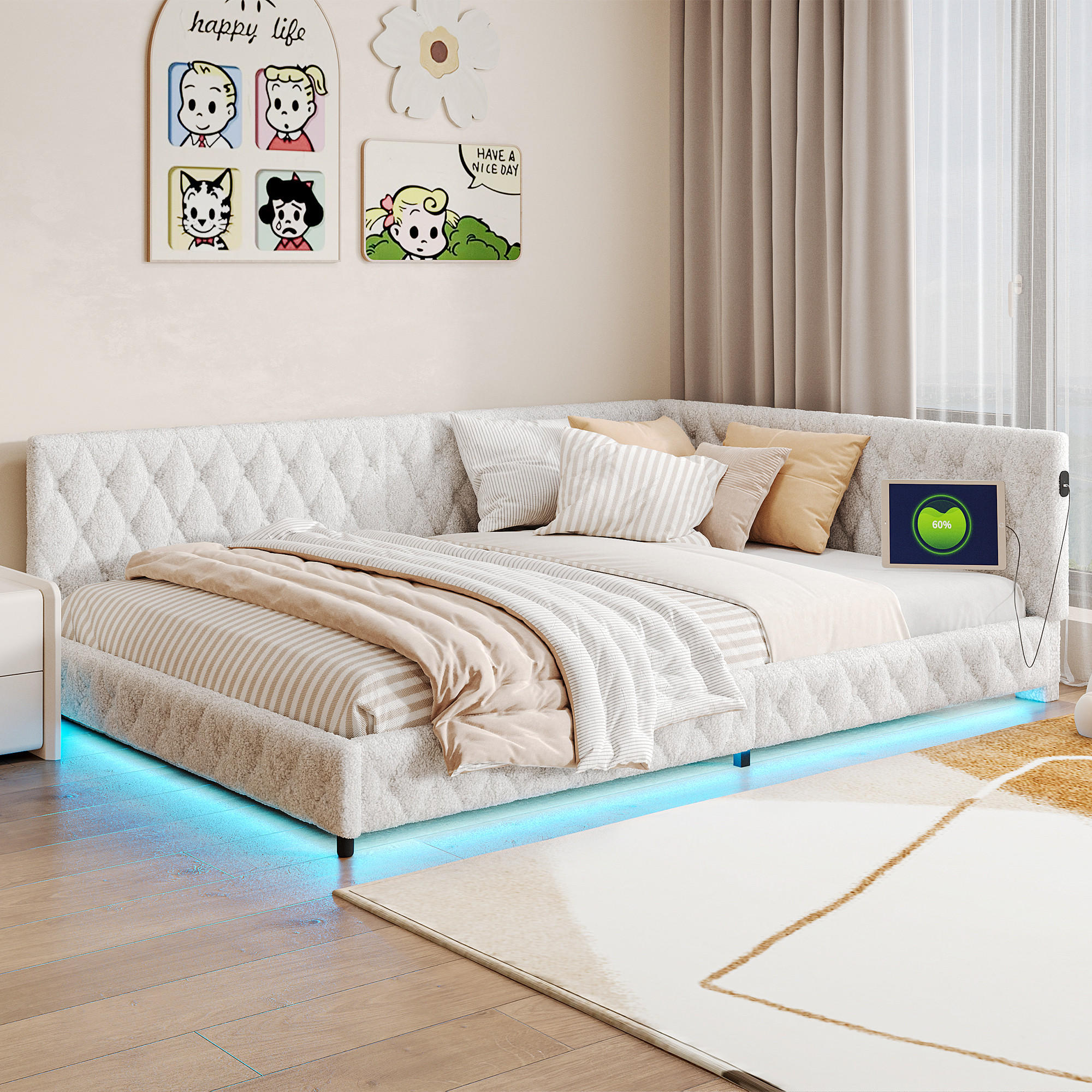 TAGESBETT Polsterbett 140x200 cm, Beige, LED-Beleuchtung und USB-Anschluss - Beige, Textil/Metall (140/200cm)