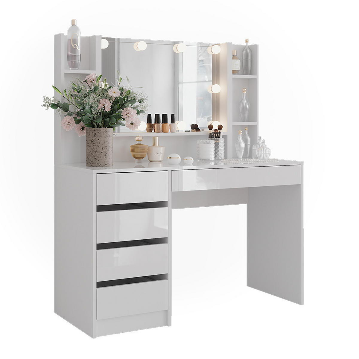 SCHMINKTISCH Sherry Weiß/Weiß Hochglanz 119.8 cm 5 Teile - Weiß Hochglanz, Holzwerkstoff (119.8/76/50.1cm) - Vicco