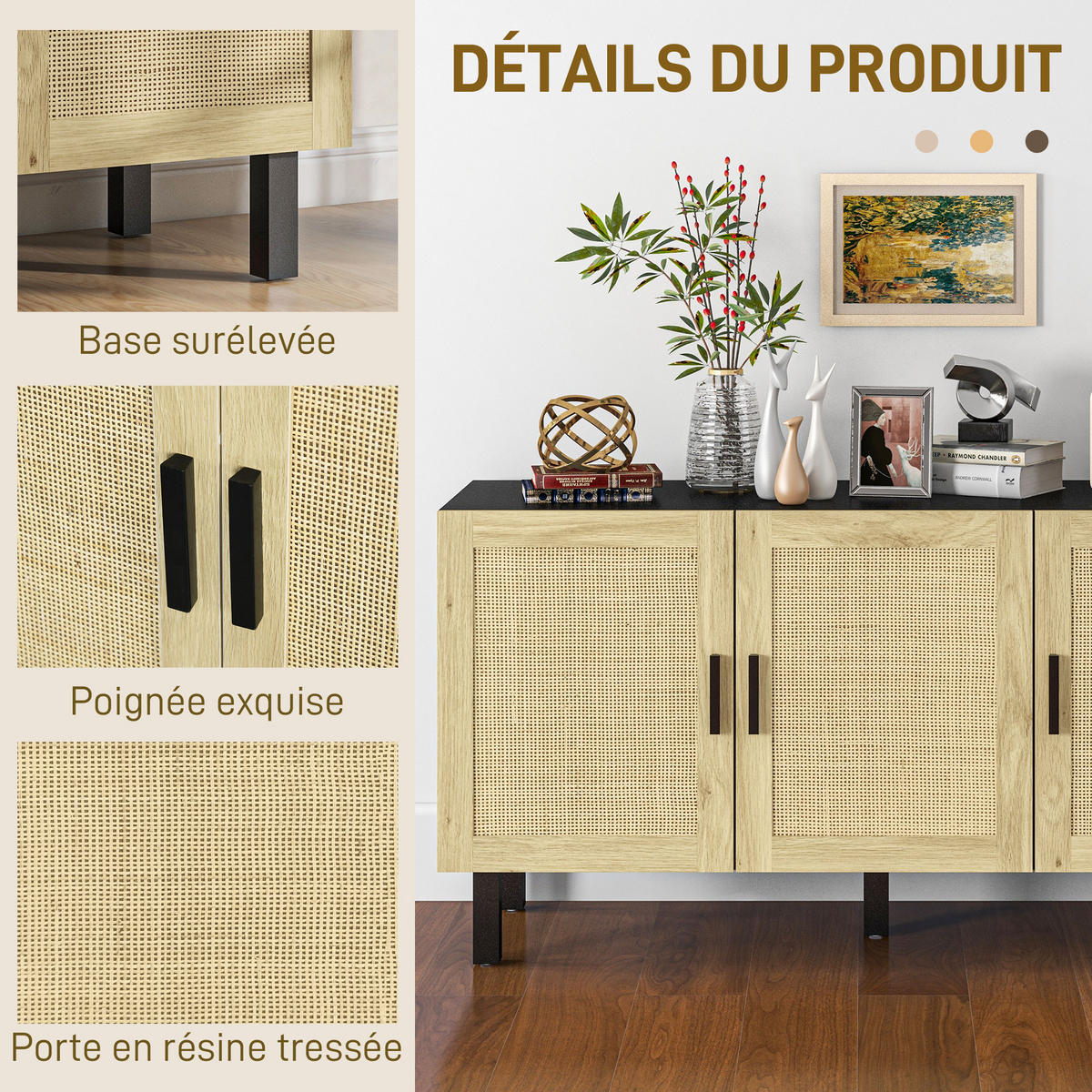 SIDEBOARD DE-11149 3 Korb-Türen Schwarz/Naturholz - Schwarz, Holzwerkstoff (136/70/41cm) - ComfortXL
