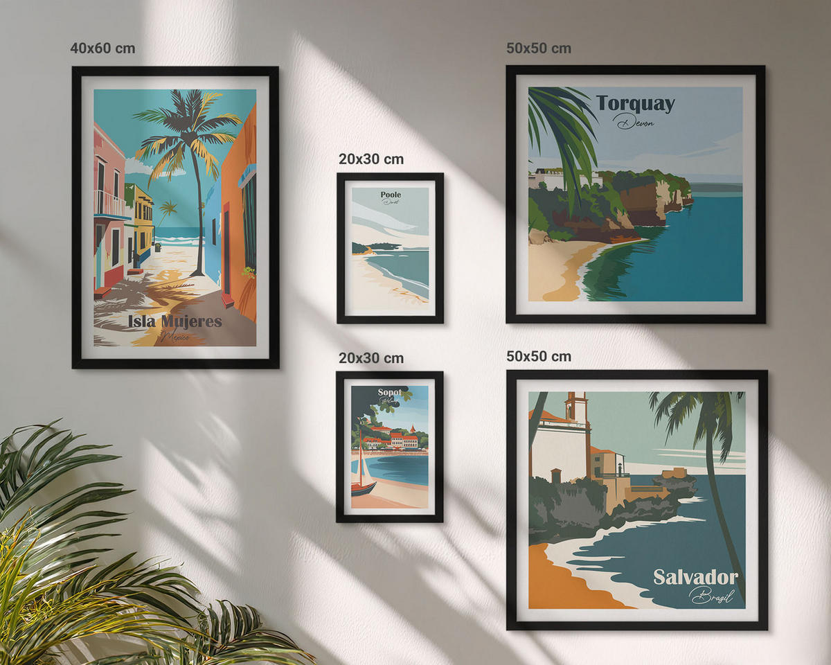 BILDER SET 5er Set - 50x50 cm & 20x30 cm & 40x60 cm Schwarzer Rahmen - Retro-Ansichten von Städten auf der ganzen Welt - Schwarz, Kunststoff (40/60cm) - TULUP