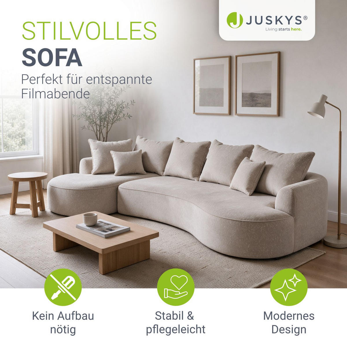 SOFA Tirano Samt Beige mit Ottomane links - Beige, Textil (102/300cm) - Juskys