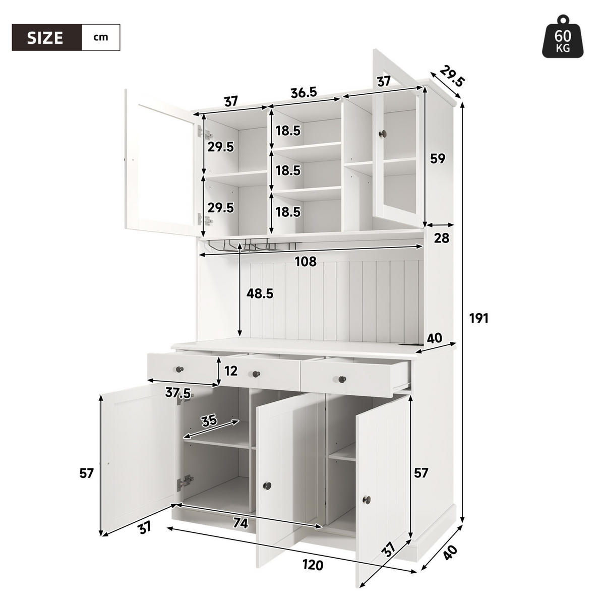 BUFFETSCHRANK mit Glastüren 120 x 40 x 191 cm MDF Weiß - Weiß, Holzwerkstoff (40/191/120cm) - Meubliv
