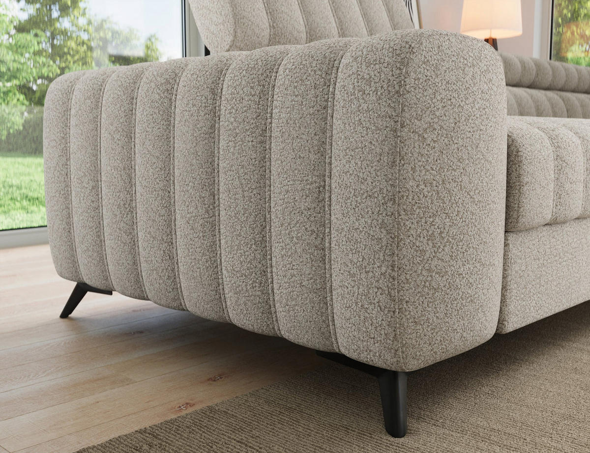KANEDO Ecksofa mit Schlaffunktion und Bettkasten – Modernes Designsofa, verstellbare Kopfstützen, Metallfüße - Beige, Kunststoff (269/86cm) - Wohnideebilder