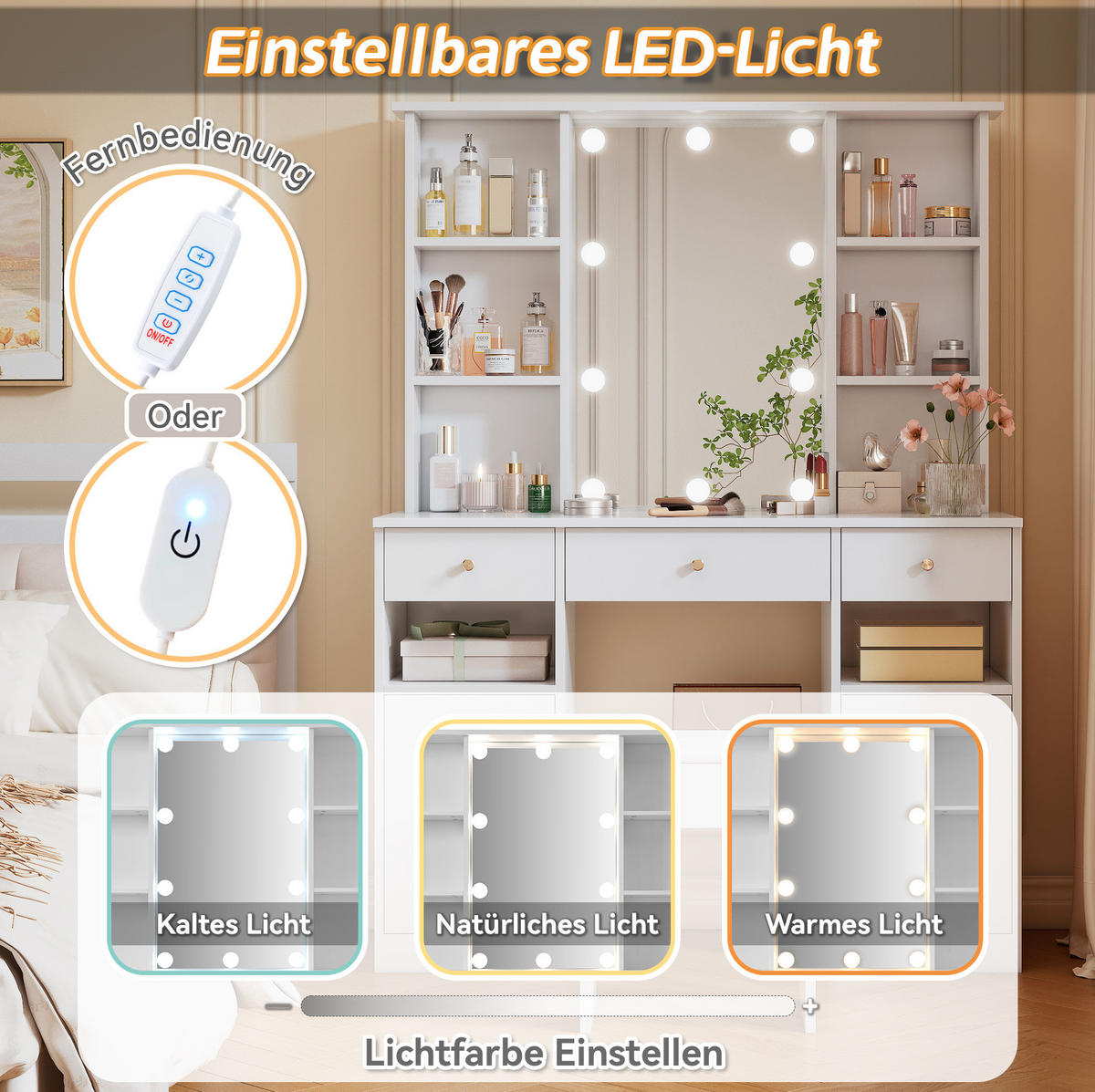 SCHMINKTISCH 110/40/151 cm in Weiß mit LED-Beleuchtung und viel Stauraum - Weiß, Holzwerkstoff (40/151/110cm) - Flora Grace