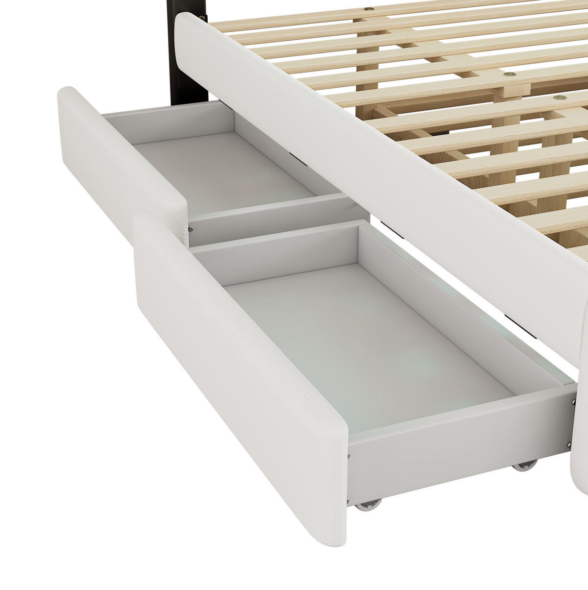 POLSTERBETT aus Leinen und MDF 140x200 cm Weiß mit Ausziehbett, 2 Schubladen und Lichtleiste - Weiß, Textil (140/200cm) - Modfu