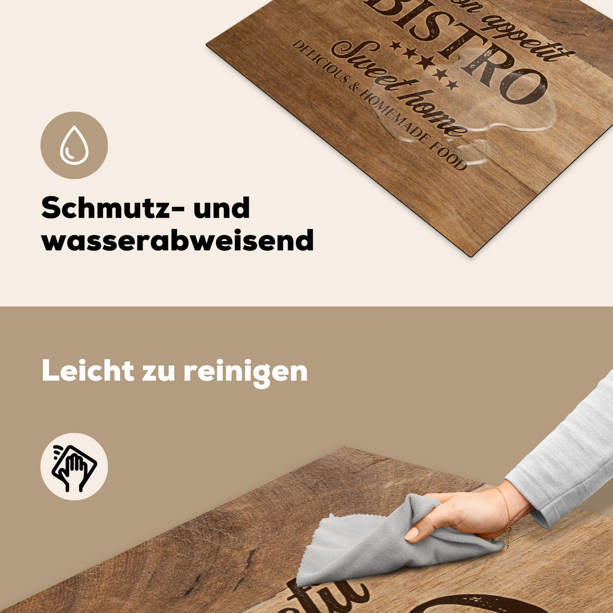 HERDABDECKPLATTE Zitat - Bistro - Guten Appetit - Süßes Zuhause - Holzmaserung Herdabdeckung Induktionsfeld 65x52 cm - Braun, Kunststoff (65/52/0.2cm) - MuchoWow