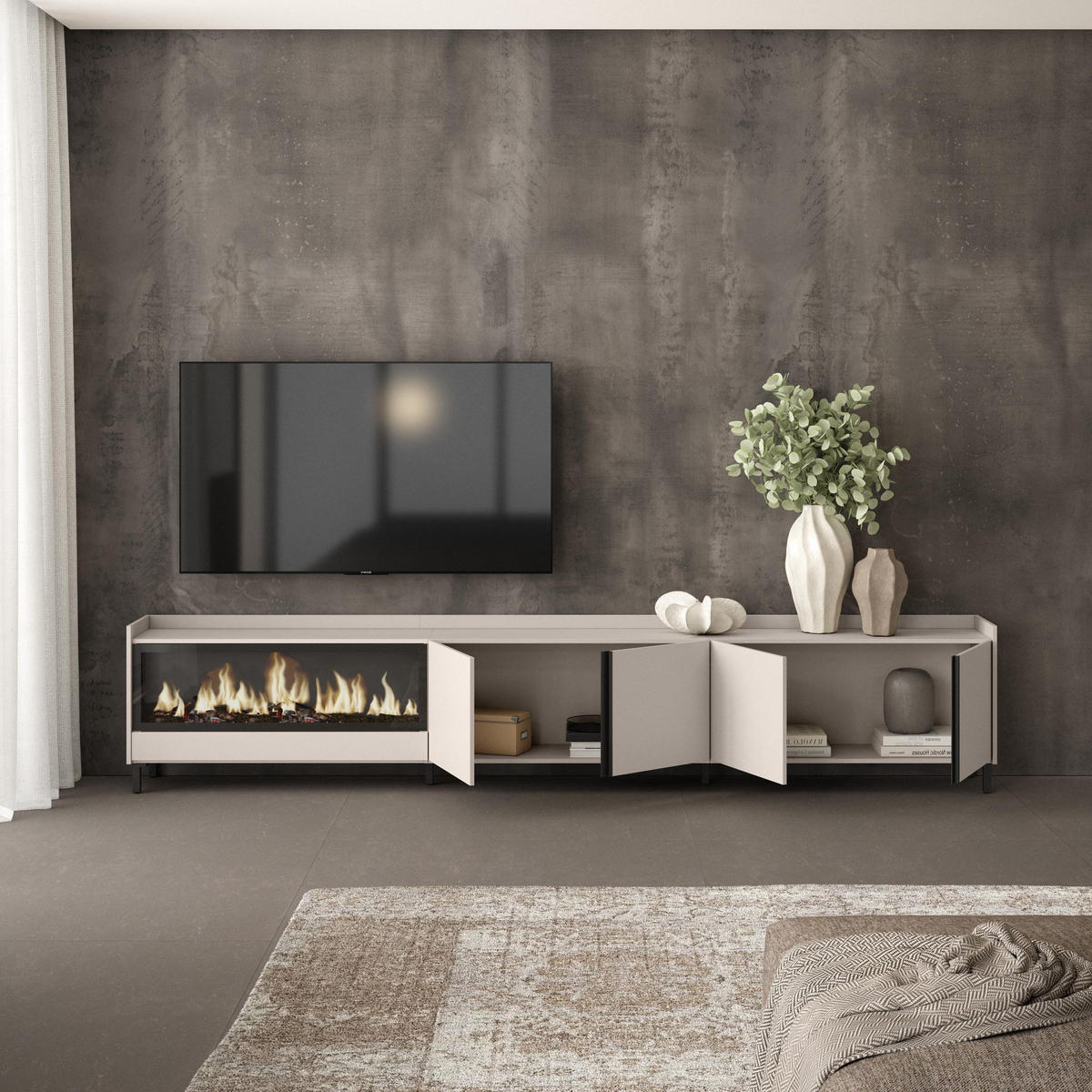 LOWBOARD, Beige, 315/35/61cm, Kamin mit Feuereffekt XXL - Beige, Holzwerkstoff (315/61/35cm) - Skraut Home