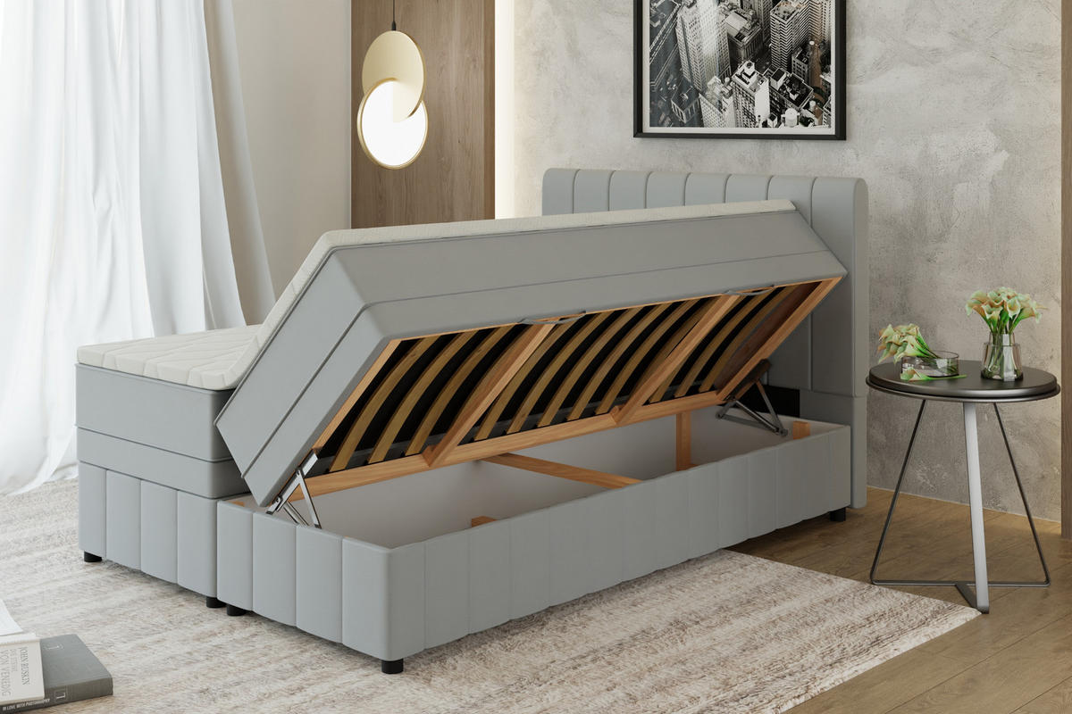 BOXBETT AVALON 140 x 200 cm mit Bettkasten und Topper - Hellgrau - Hellgrau, Holz - Panda Möbel