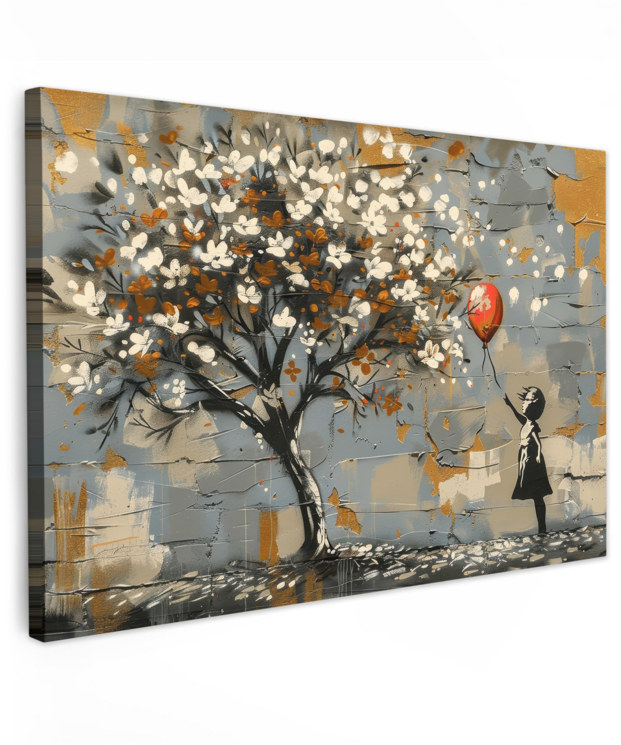 LEINWANDBILD Baum - Graffiti - Banksy-Stil - Ballon-Mädchen Wanddeko 90x60 cm - Blaugrau, Textil (90/60cm) - MuchoWow