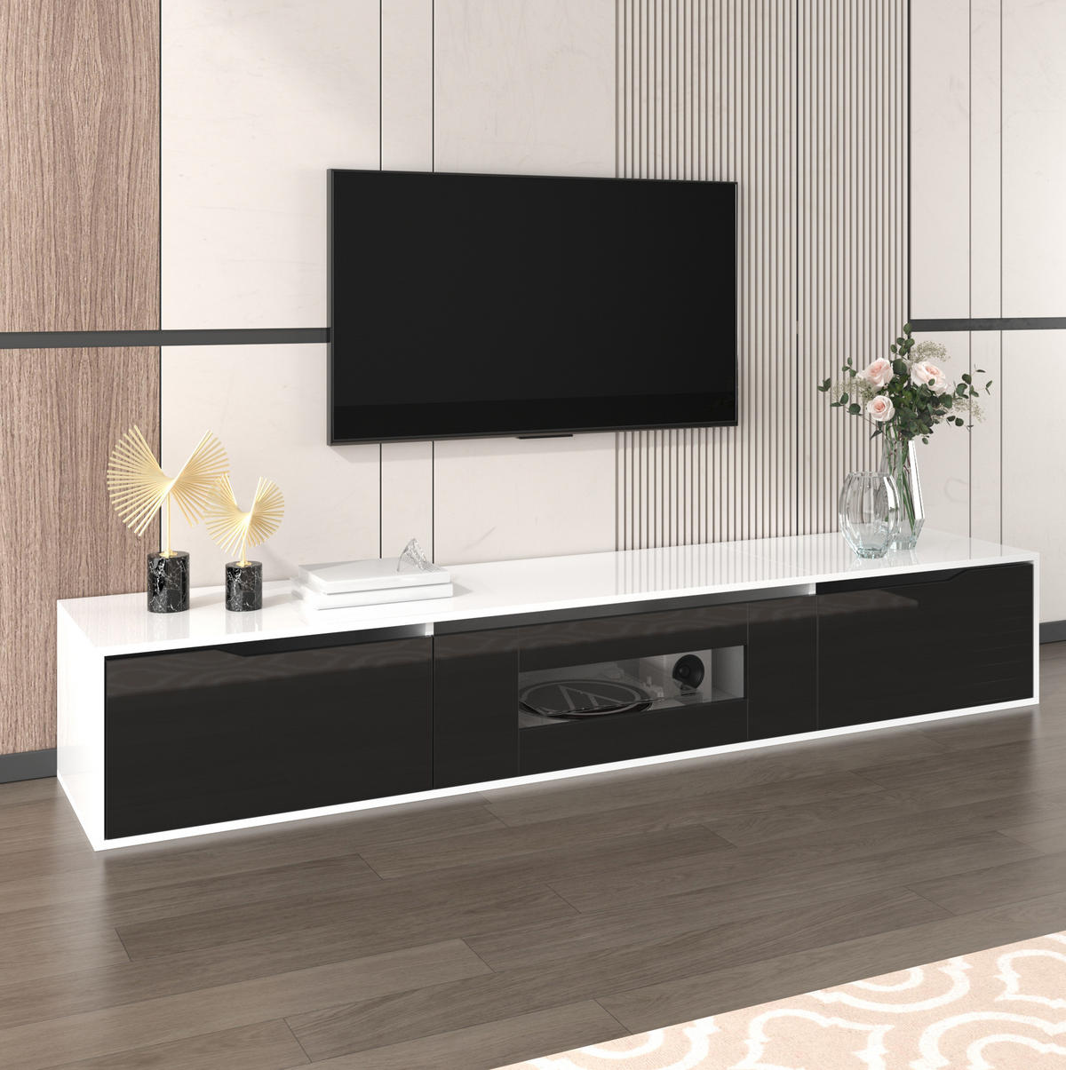 TV-SCHRANK mit LED 180 x 35 x 30 cm Hochglanz Schwarz-Weiß - Weiß, Holzwerkstoff (35/30/180cm) - Beauniv