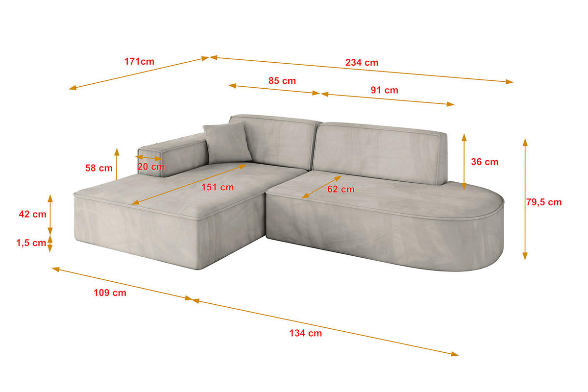ECKSOFA Ottomane Links IREA-L1-v4 - 234x171x79 cm Hellbraun - Hellbraun, Holzwerkstoff/Textil (234/171cm) - ALTDECOR