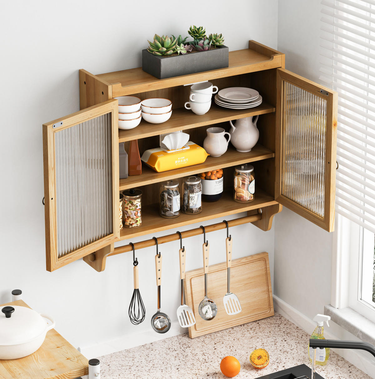 KÜCHENOBERSCHRANK 63/18/60 cm aus Massivholz und MDF mit geriffeltem Glas und Handtuchhalter Natur - Naturfarben, Holzwerkstoff (63/60/18cm) - Modenvie