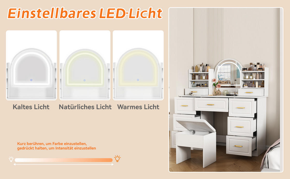 SCHMINKTISCH WEISS mit LED-Beleuchtung und 9 Schubladen 120x40x135 cm - Weiß, Holzwerkstoff (40/135/120cm) - Bomclap