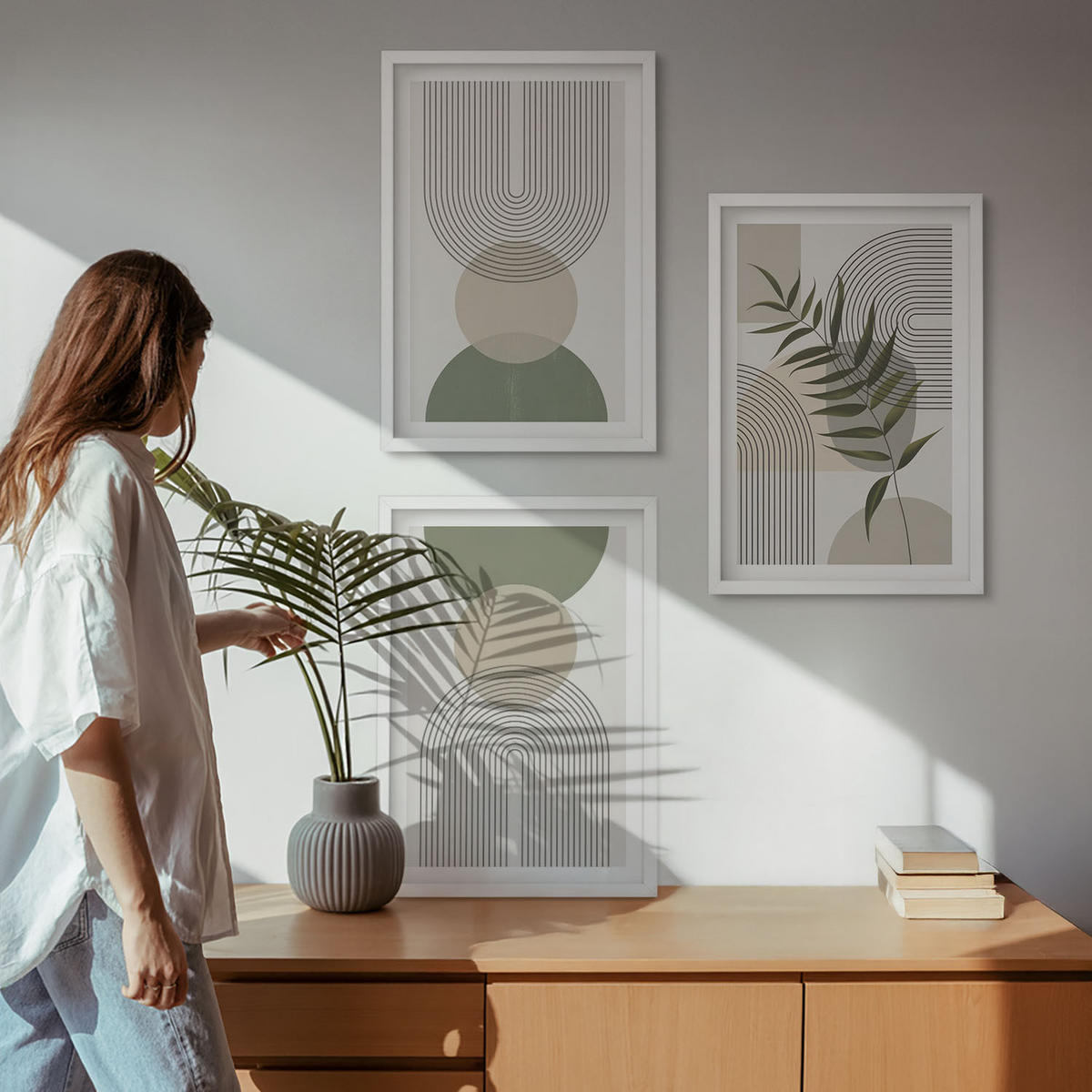 WANDBILDER 3er-Set - 40x60 cm Weißer Rahmen - Abstrakte Formen mit Grün - Weiß, Kunststoff (40/60cm) - ArtPrintCave