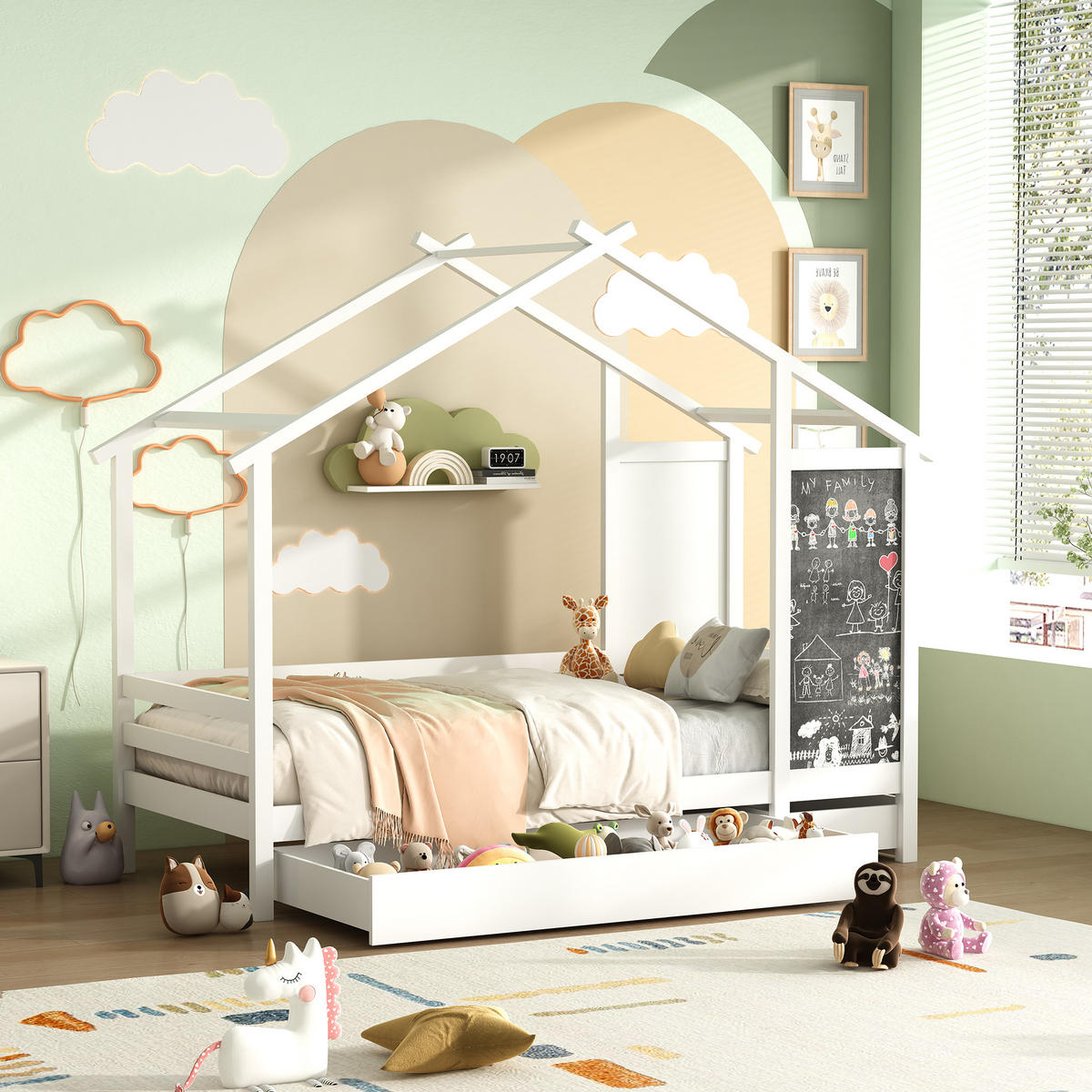 HAUSBETT 90 x 200 cm mit Tafel und 2 Schubladen, Weiß - Weiß, Holz (90/200cm)