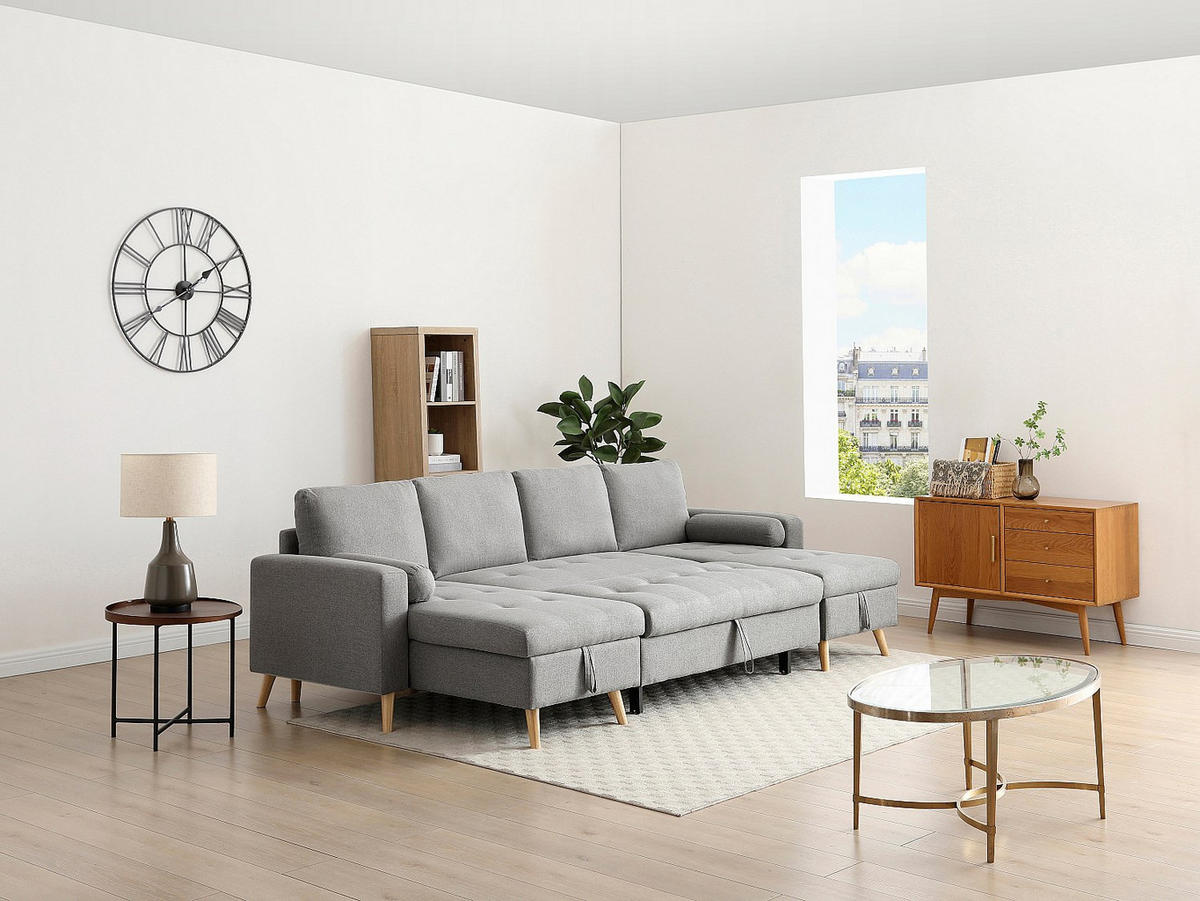 PANORAMA-ECKSOFA mit Schlaffunktion – Stoff – Hellgrau – KORI - Hellgrau, Textil (288/146cm) - Vente-Unique