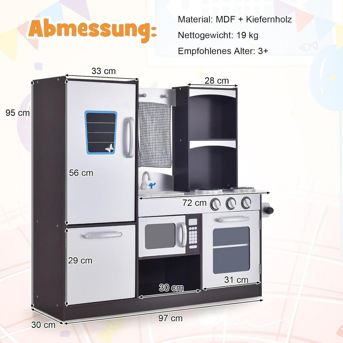 KINDERKÜCHE Mit Kühlschrank Grau - Grau, Holz (30/89/79cm) - COSTWAY