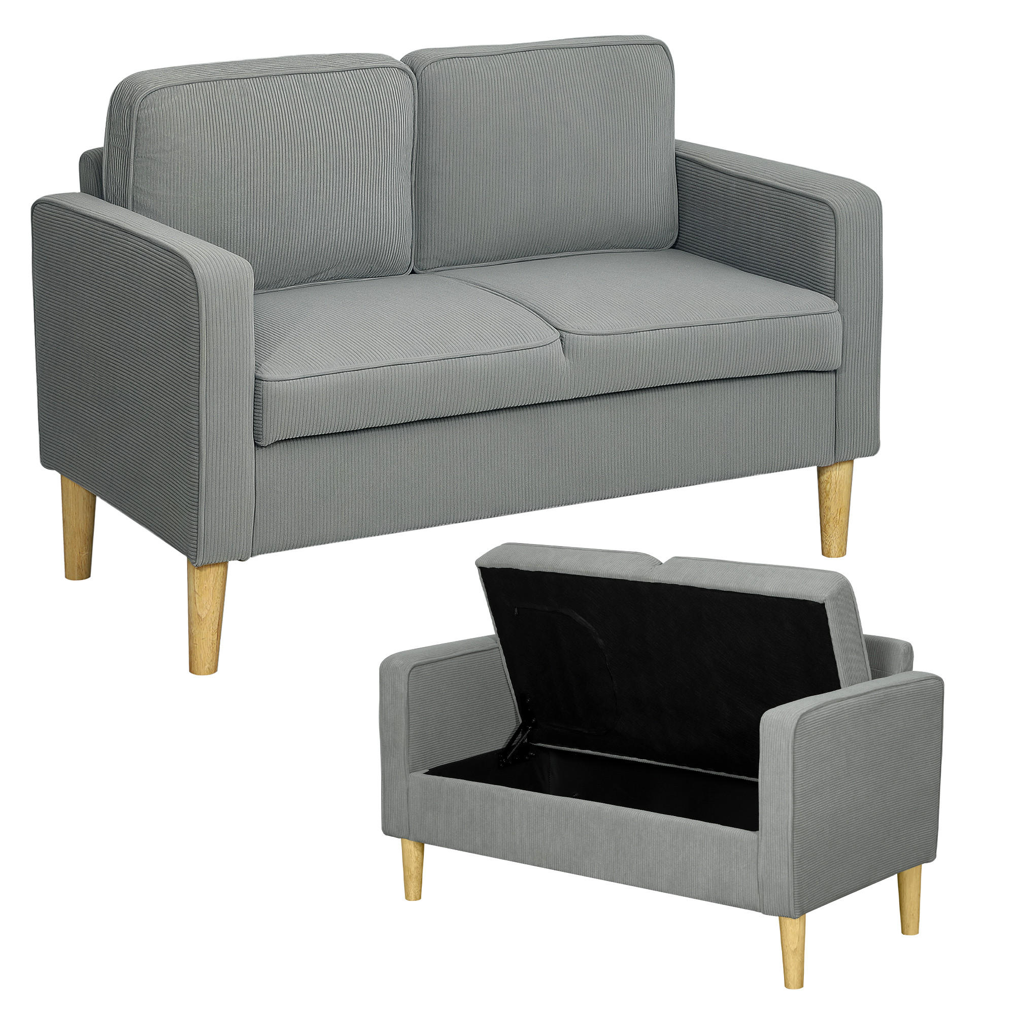 ZWEISITZER-SOFA DE-06480 solide Holzbeine, Cordbezug Hellgrau - Hellgrau, Holz/Textil (117/79/63cm) - ComfortXL