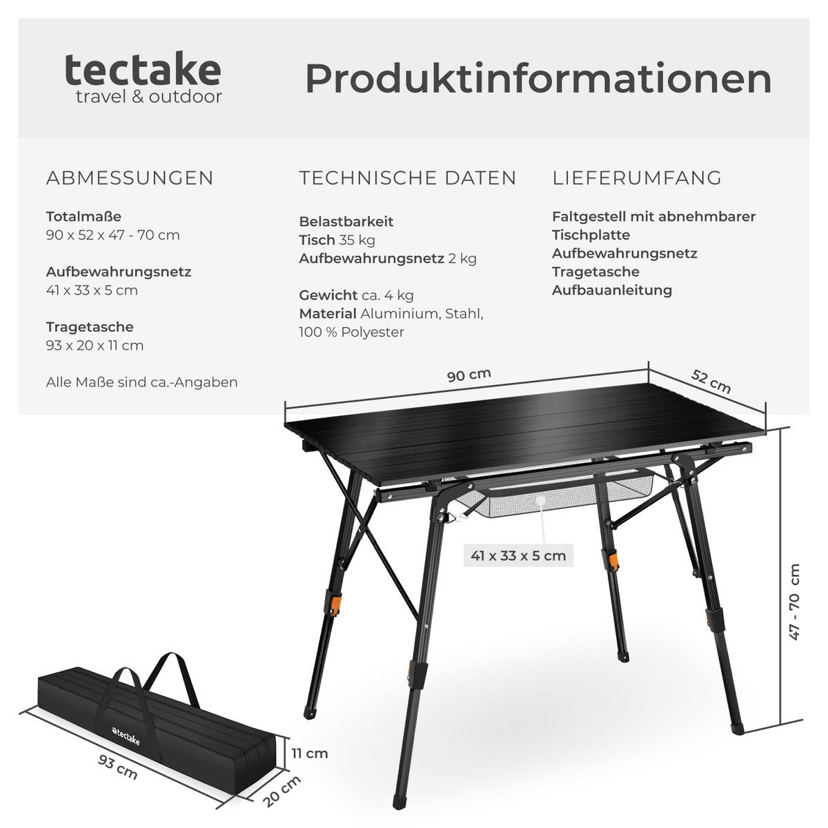 CAMPINGTISCH Tina,90 x 52 x 47 - 70 cm,schwarz - Schwarz, Metall (90/52/70cm) - tectake