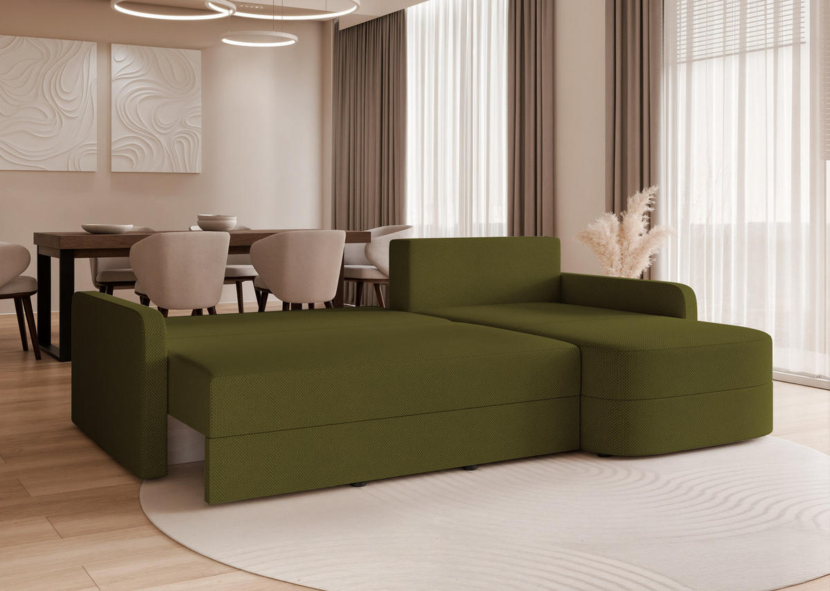 ECKSOFA CERIS mit Schlaffunktion und Bettkasten Olivgrün - Olivgrün, Holzwerkstoff/Kunststoff (250/160cm) - Idohome