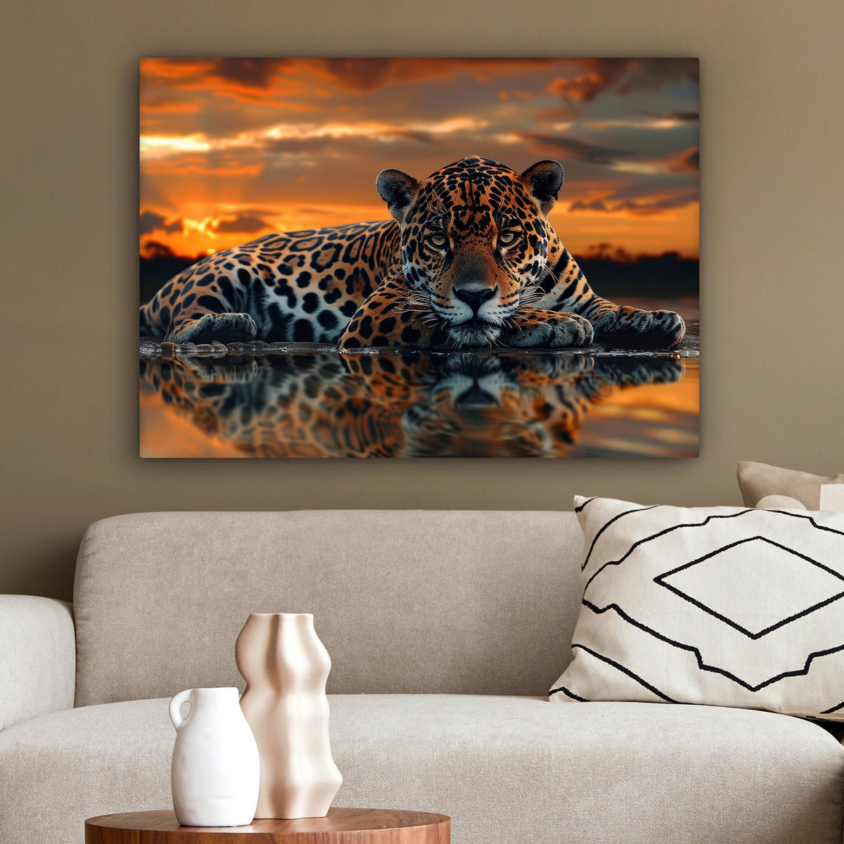 LEINWANDBILD Natur - Leopard - Tier - Sonnenuntergang - Modern Wandbilder 80x60 cm - Orange, Textil (80/60cm) - MuchoWow