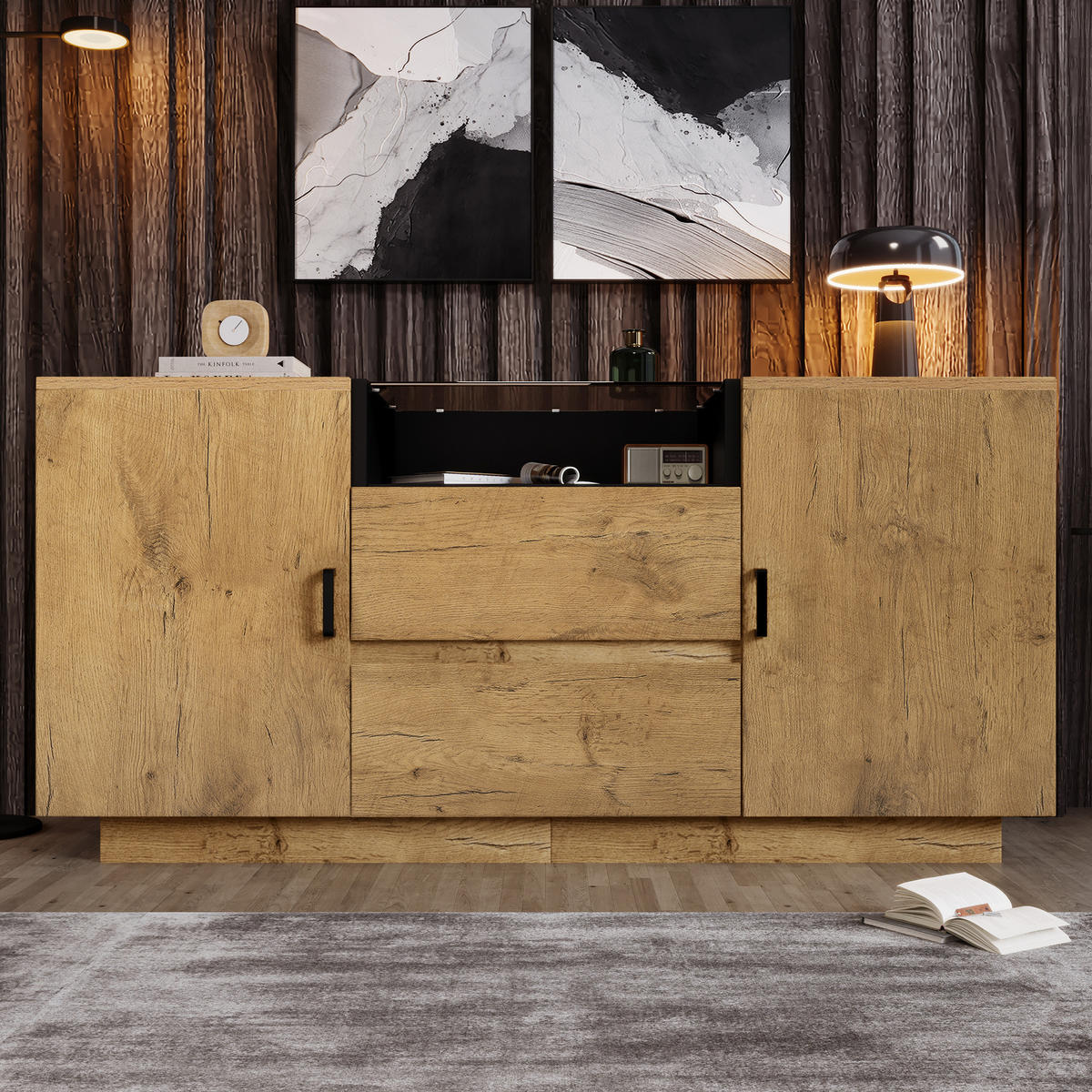 SIDEBOARD Eiche-Optik, mit 2 Türen, 2 Schubladen und offenem Fach, 140/40/70 cm - Eichefarben, Glas/Holzwerkstoff (140/70/40cm) - WISHDOR