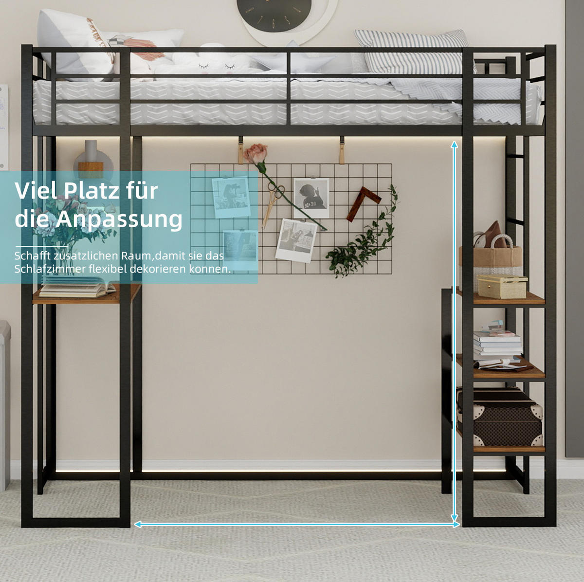 HOCHBETT 90/200 cm mit Schreibtisch, beidseitiger Leiter und stabilem Eisenrahmen, Schwarz - Schwarz, Metall (90/200cm) - Redom