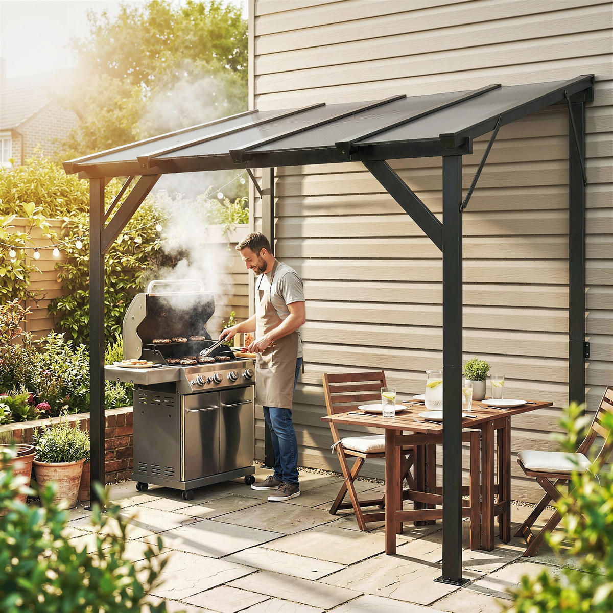 GRILLPAVILLON Polycarbonat, Verzinkter Metall Dunkelgrau - Dunkelgrau, Metall (148/244/244cm) - Outsunny