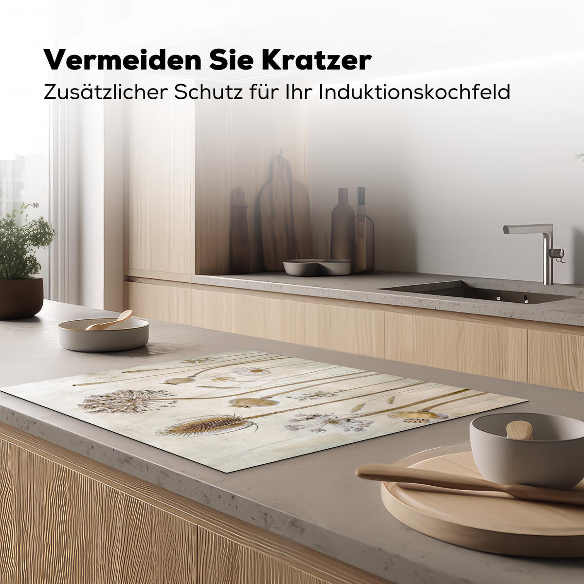 HERDABDECKPLATTE Blumen - Aquarell - Stilleben - Braun - Vintage 77x59 cm - Sandfarben, Kunststoff (77/59/0.2cm) - MuchoWow