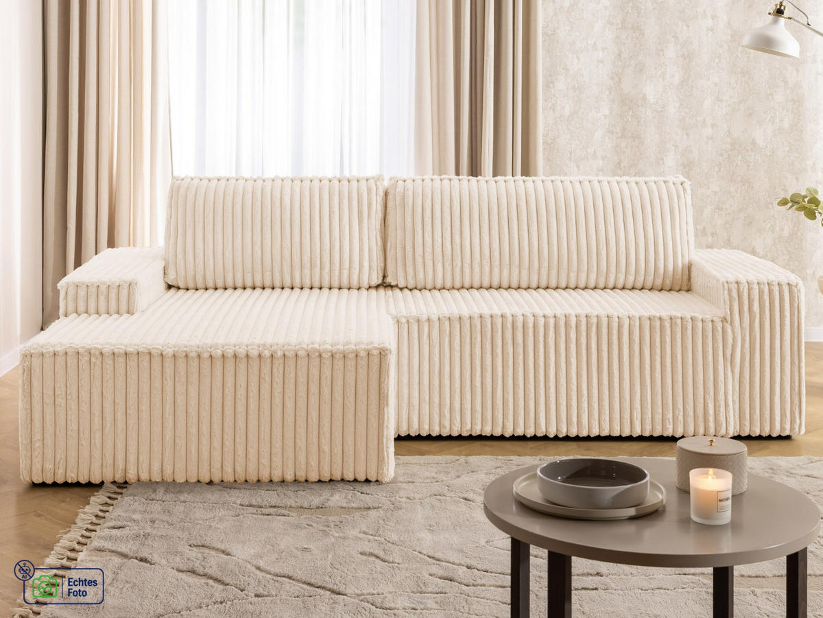 ECKSOFA Rivio mit Schlaffunktion und Bettkasten, Plüschcord Helbeige - Beige/Schwarz, Holz/Kunststoff (149/262cm) - S-Style