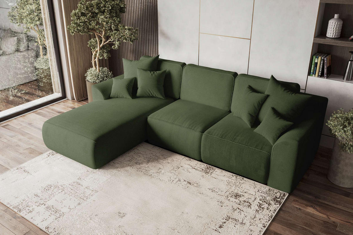 ECKSOFA GUSTO Cordstoff Olivgrün Links inkl. Schlaffunktion - Chromfarben/Olivgrün, Kunststoff/Textil (295/194cm) - 99rooms