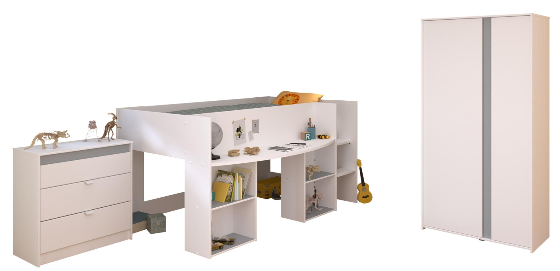 KINDERZIMMER Set 3-tlg. mit Hochbett Kleiderschrank Kommode Bett 90x200 - Weiß/Rosa, Holz/Holzwerkstoff (205/182/132cm) - Parisot Meuble