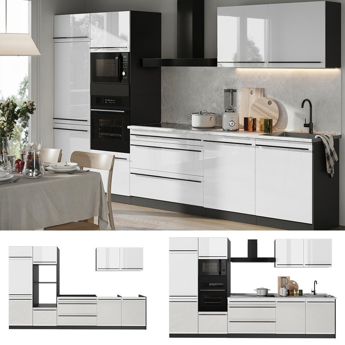 KUCHYNKA R-Line, Biely vysoký lesk/antracitová, 340 cm Marmori työtaso - biela s vysokým leskom/antracitová, kompozitné drevo (340/206.8/60cm) - Vicco