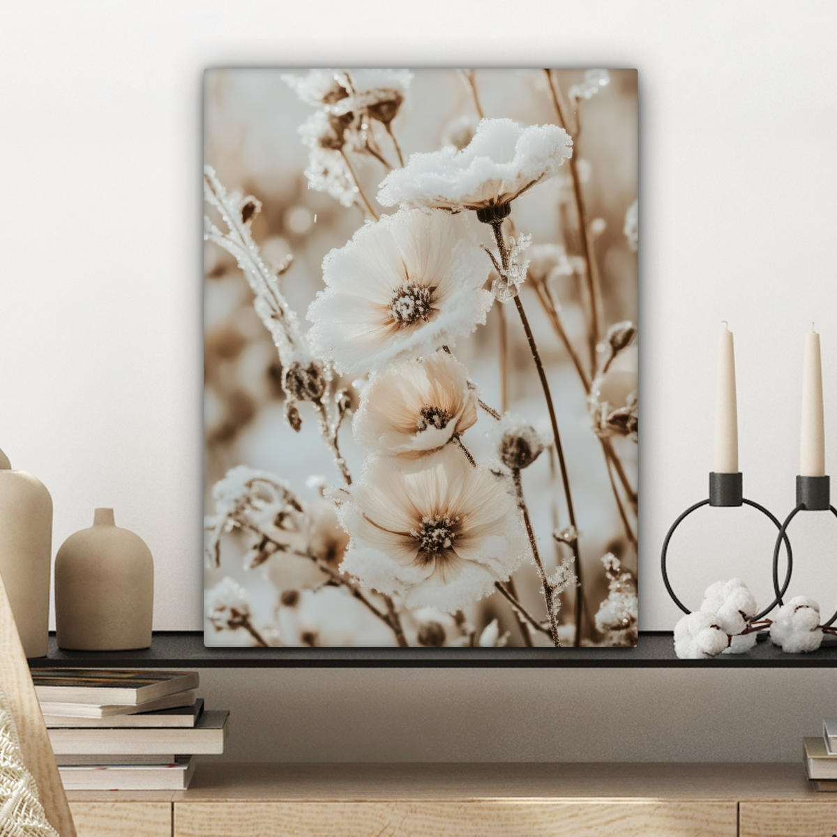 LEINWANDBILD Blumen - Winter - Weiß - Schnee - Beige 30x40 cm - Creme, Textil (30/40cm) - MuchoWow