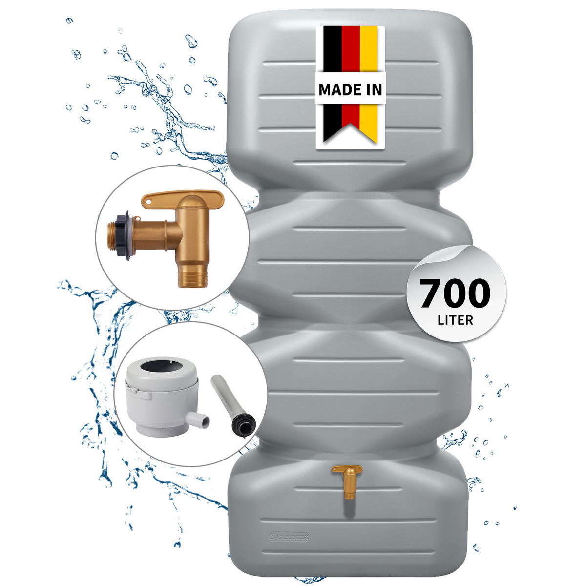 REGENTONNE Komplett-Set 700 L, betongrau inkl. Kunststoff-Auslaufhahn und Fallrohranschluss - Grau, Kunststoff (60/179/80cm) - GARANTIA