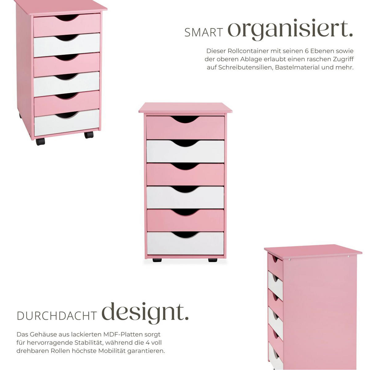 ROLLCONTAINER ,einfache Montage, 36 x 40 x 65 cm,rosa - Rosa, Holz (40/65/36cm) - tectake