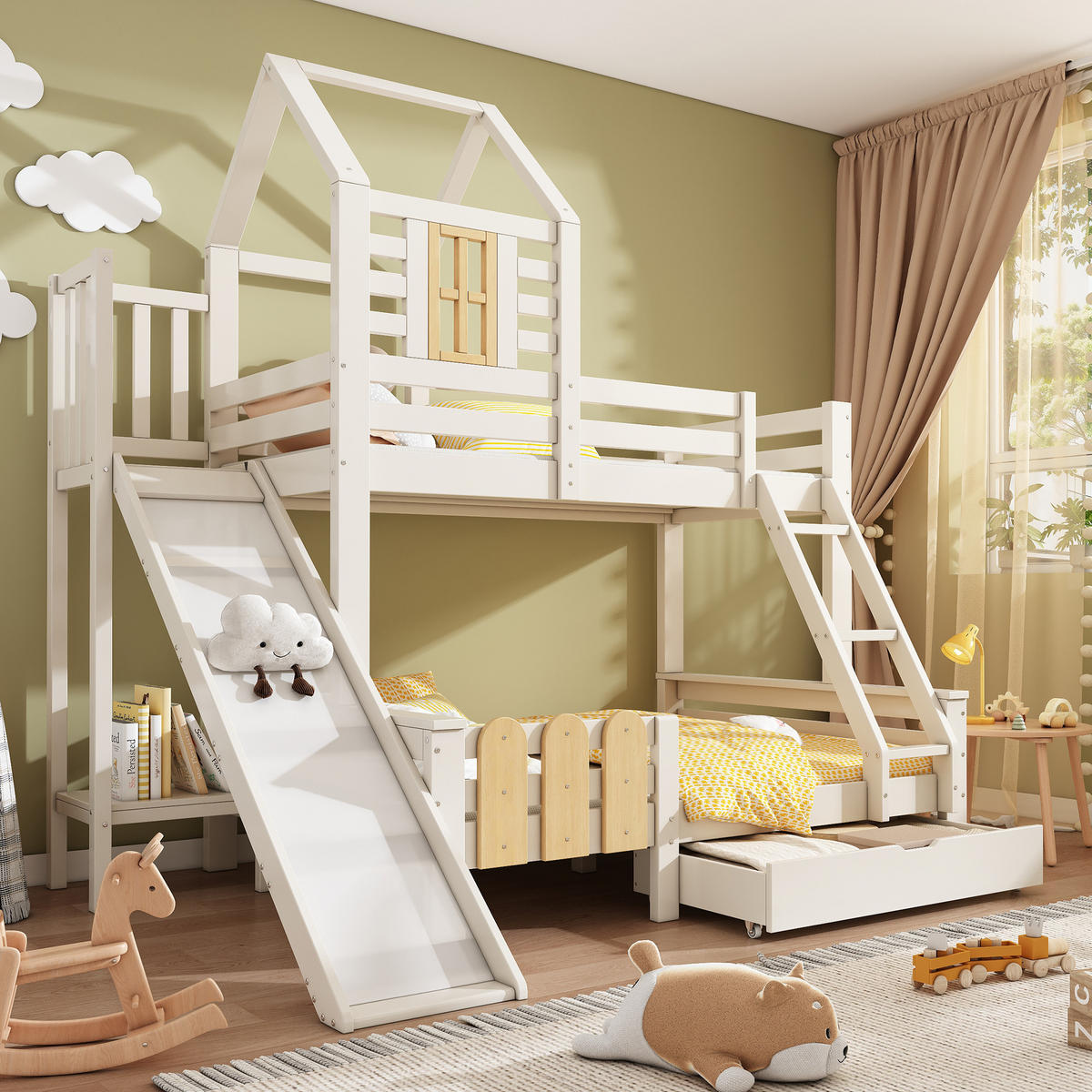 ETAGENBETT 90/200 cm Weiß aus Metall und Holz mit Rutsche Schublade und Leiter - Weiß, Metall (90/200cm) - OKWISH