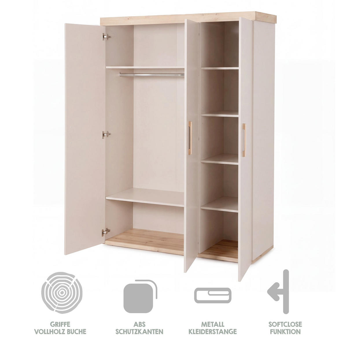 KINDERKLEIDERSCHRANK Jimmy Cashmere - Kaschmir/Eichefarben, Holz/Holzwerkstoff (138/195/53cm) - Roba
