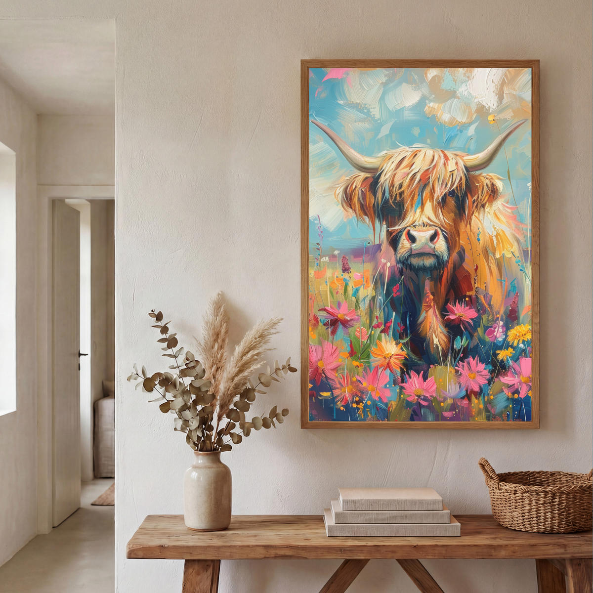 NÁSTĚNNÁ LAMPA S AKUMULÁTOREM Skotský horal - Příroda - Barevné - Květiny 60x90 cm - různobarevná, kompozitní dřevo (60/90/8cm) - OnlyWow
